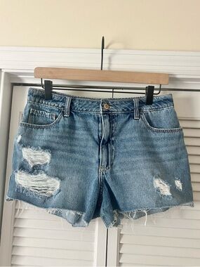 Hollister High Rise Distressed Mom Shorts Denim Cutoff Frayed Hem Size 9 W29